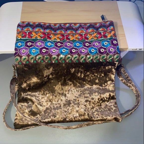 Elegant fashion purse, brown velvet with colorful embroidered designs, bag - Picture 4 of 6